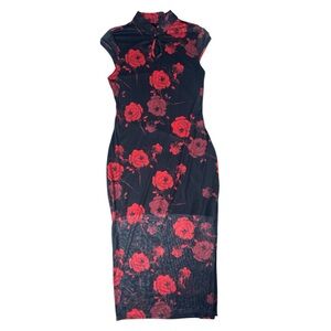 SHEIN Chinese Qipao Style Dress Black and Red Roses Size Extra Large